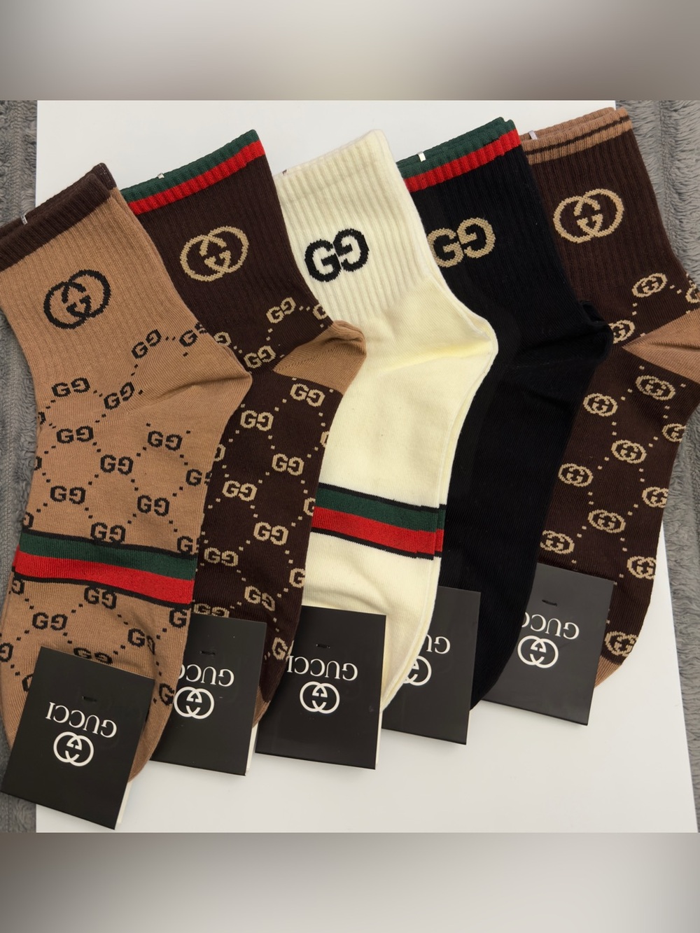Designer-Inspired Men's Crew Socks — Brown, Cream, Black